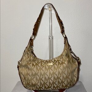 Michael Kors Beige & Brown MK Signature Shoulder Bag. SOLD
